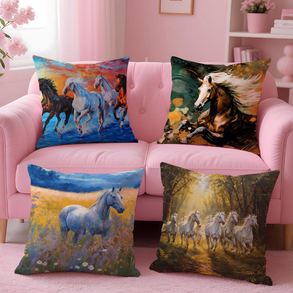 Oil Painting Horse Cushion Cover Plush Fabric Soft Double-Sided Printed Sofa Warm Winter Home Gift Pillow Cover