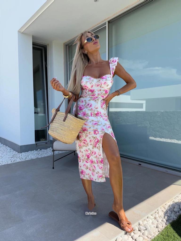 2025 Summer Elegant French Floral Slit Midi Dress