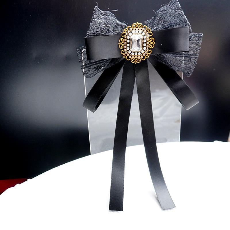 Black Lace Bow Tie With Rhinestone Brooch For Womens Fashion Accessory