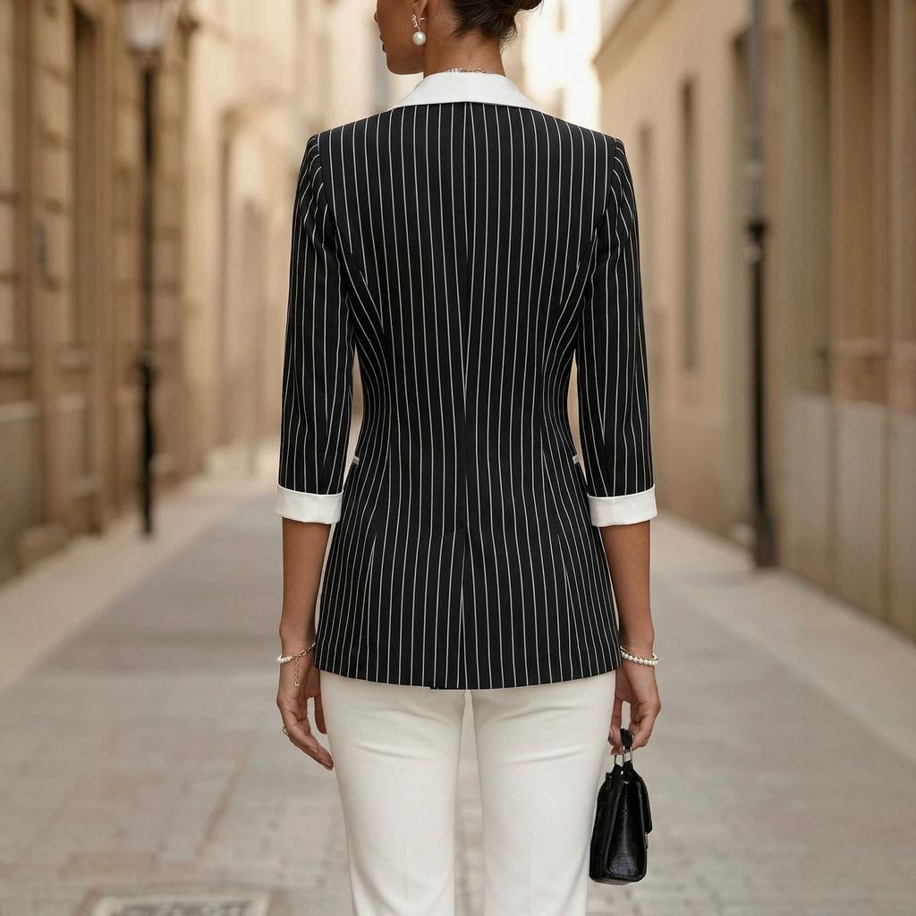 Women Black White Stripe Blazer