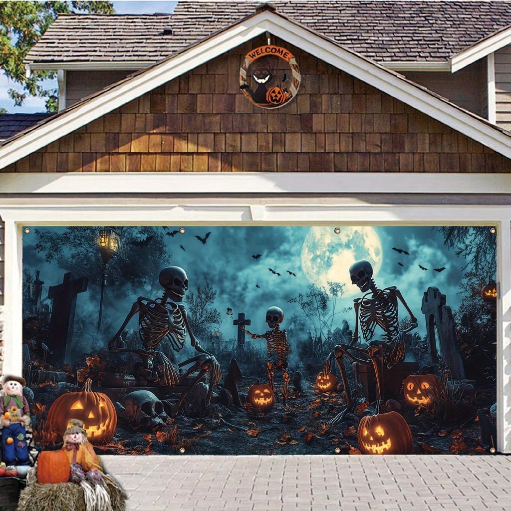 Halloween Ghostly Garage Banner Full Moon Graveyard and Skull Patterns Outdoor Celebration and Wall Decoration