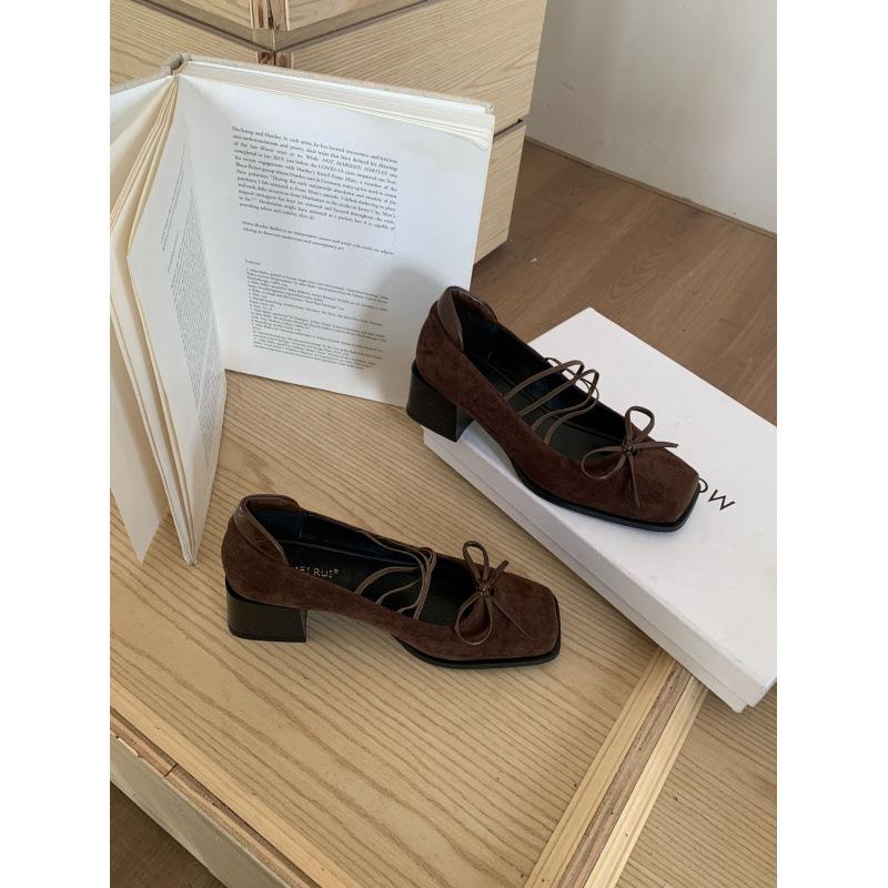 

Brown French square head bow Mary Jane high heels 2025 autumn new retro thick heel light mouth single shoes 39 кофейный