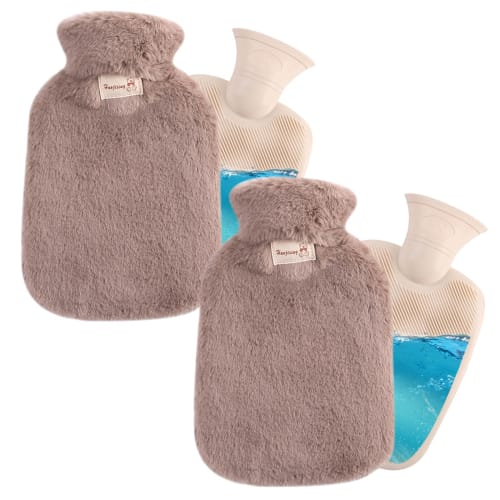 YuraYura Water-Fillable Hot Water Bottles, Set of 2, with Warming Covers, 1L Capacity, Eco-Friendly, No Electricity Required, Soft, Cute, Fluffy, Wash