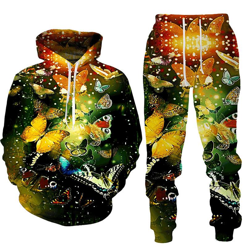 3D Butterfly Printed Men's 2-piece Outfits Casual Men Women Hooded Sweatshirt Suit Autumn Oversized Fashion Tracksuit Pants Sets