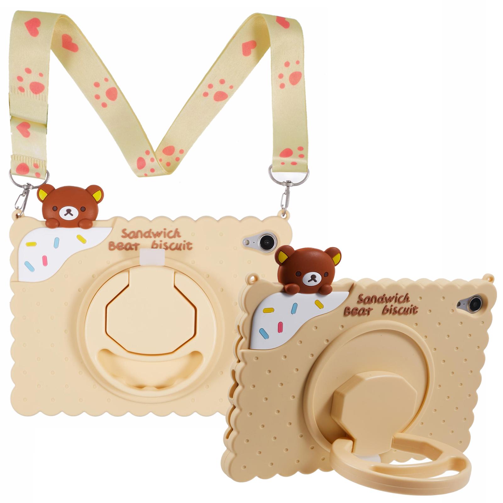 

For iPad mini (2024)/mini (2021) Silicone Case Kickstand Cute Bear Tablet Cover with Shoulder Strap A