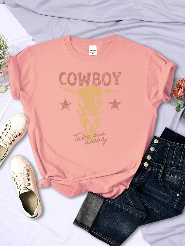 Summer Womans TShirts Vintage Simple Cowboy Printing Tops Breathable Soft ONeck Short Sleeve Casual Cartoons Female Clothes