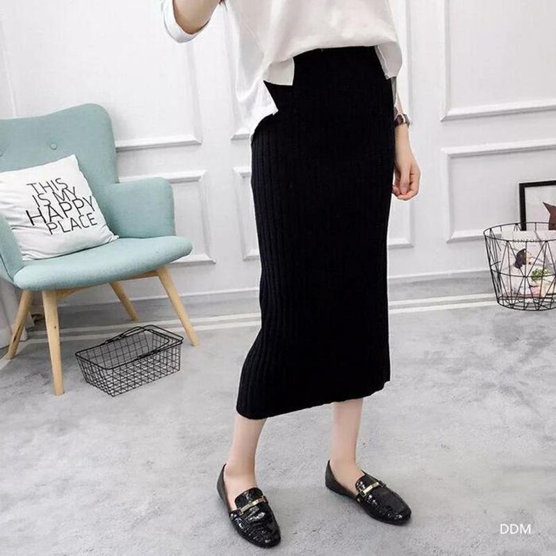 Womens Clothing Autumn and Winter Knitted Skirt Single Color Slit Ribbed Midi Skirt for Women