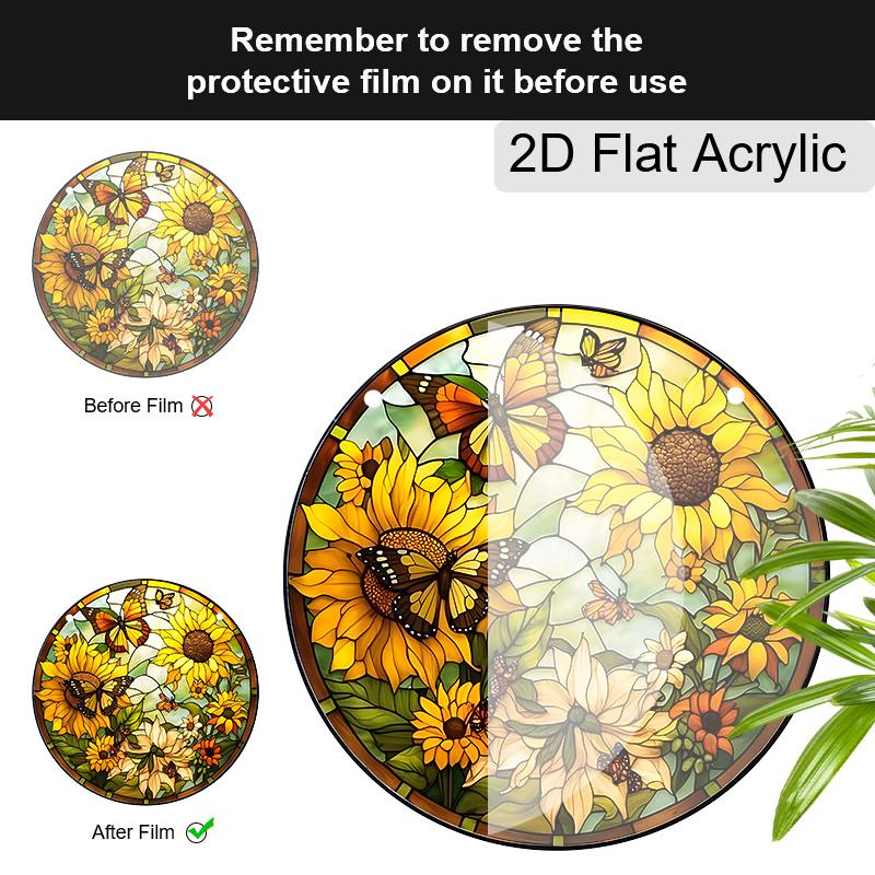Acrylic Sunflower and Butterflies Suncatcher, Stained Glass Style Window Hanging Ornament for Nature and Garden Lovers