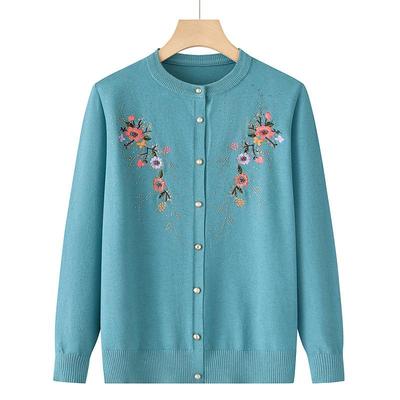 Women's Spring and Autumn Embroidery Knit Cardigan Jacket Middle-aged and Elderly Single-breasted Slim Sweater Clothing