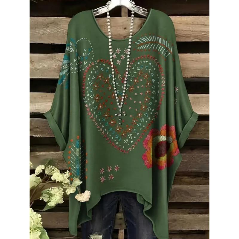 Elegantes Bohemian Chic Übergroßes Einfaches Retro Liebesdruck Druck Damen T-Shirt Asymmetrischer Saum Rundhalsausschnitt Vielseitige Damenbekleidung
