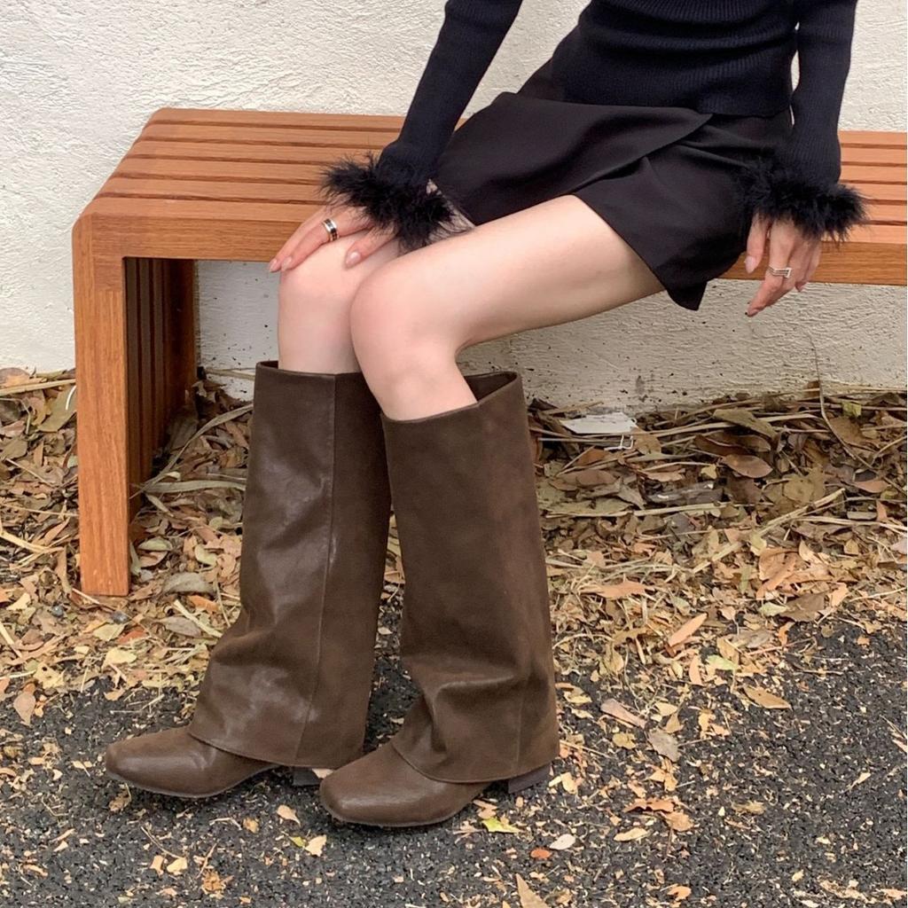 2025 new thick heel retro tall knight boots women's head stacking boots but knee pant tube boots