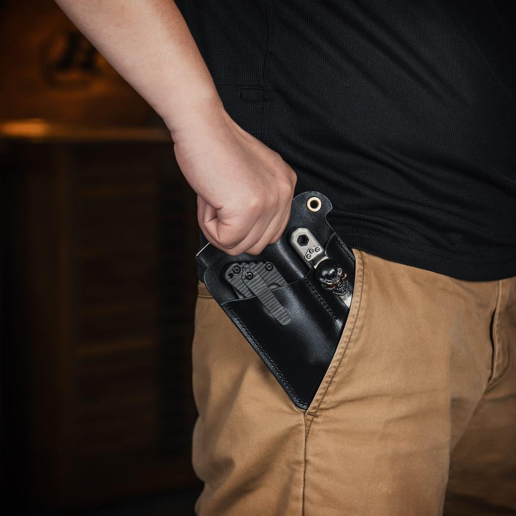 KeyUnity KL01 EDC Leather Small EDC Pocket Organizer for EDC Tool Durable Genuine EDC Sleeve for Outdoor Black Knives Pocket, Pouch, Men, 3-Pouch Bag,