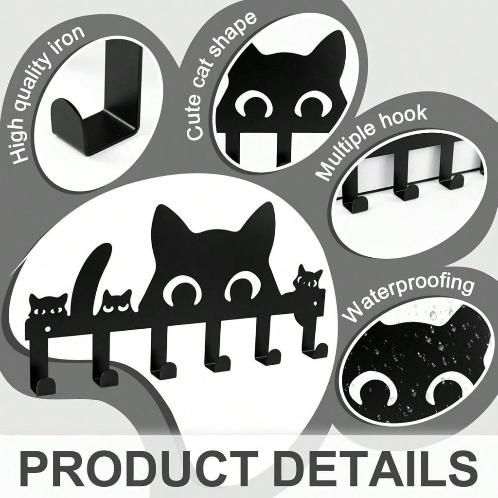 Wall Mount Cat Key Holder 6 Hooks Self Adhesive No Drilling Space Saving Entryway Decor