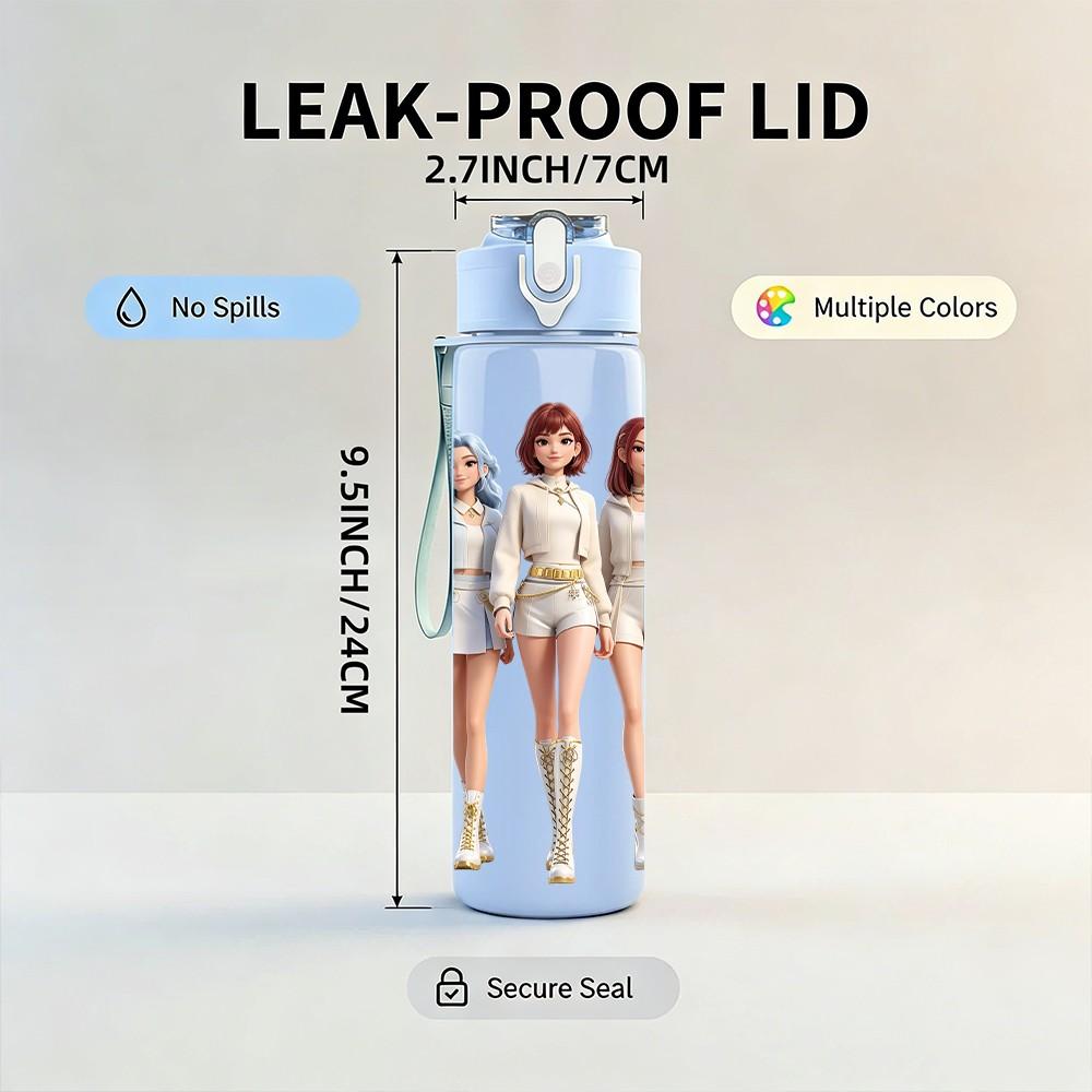 1PC Three Chibi Female Characters 750ml Color Plastic Sports Water Bottle Leakproof Flip Straw Lid For Sports Office Home Use