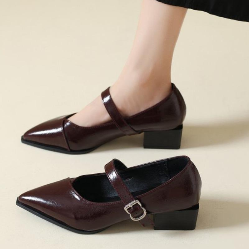 Retro Mid-length Single Shoes Spring and Summer New Fashion Belt Buckle Pointed Toe Comfortable Shallow Toe Leather Shoes 35-44