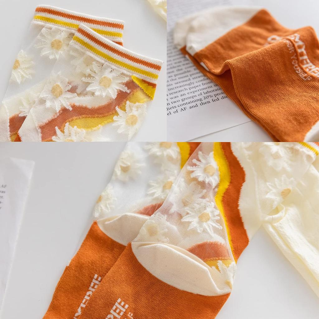 Summer Cute Lace Floral Print Sizes Women's Socks, Socks, Transparent, See-Through Socks, Stylish, Thin, Odor-Resistant, Non-Sweaty, 5-Pair Set,