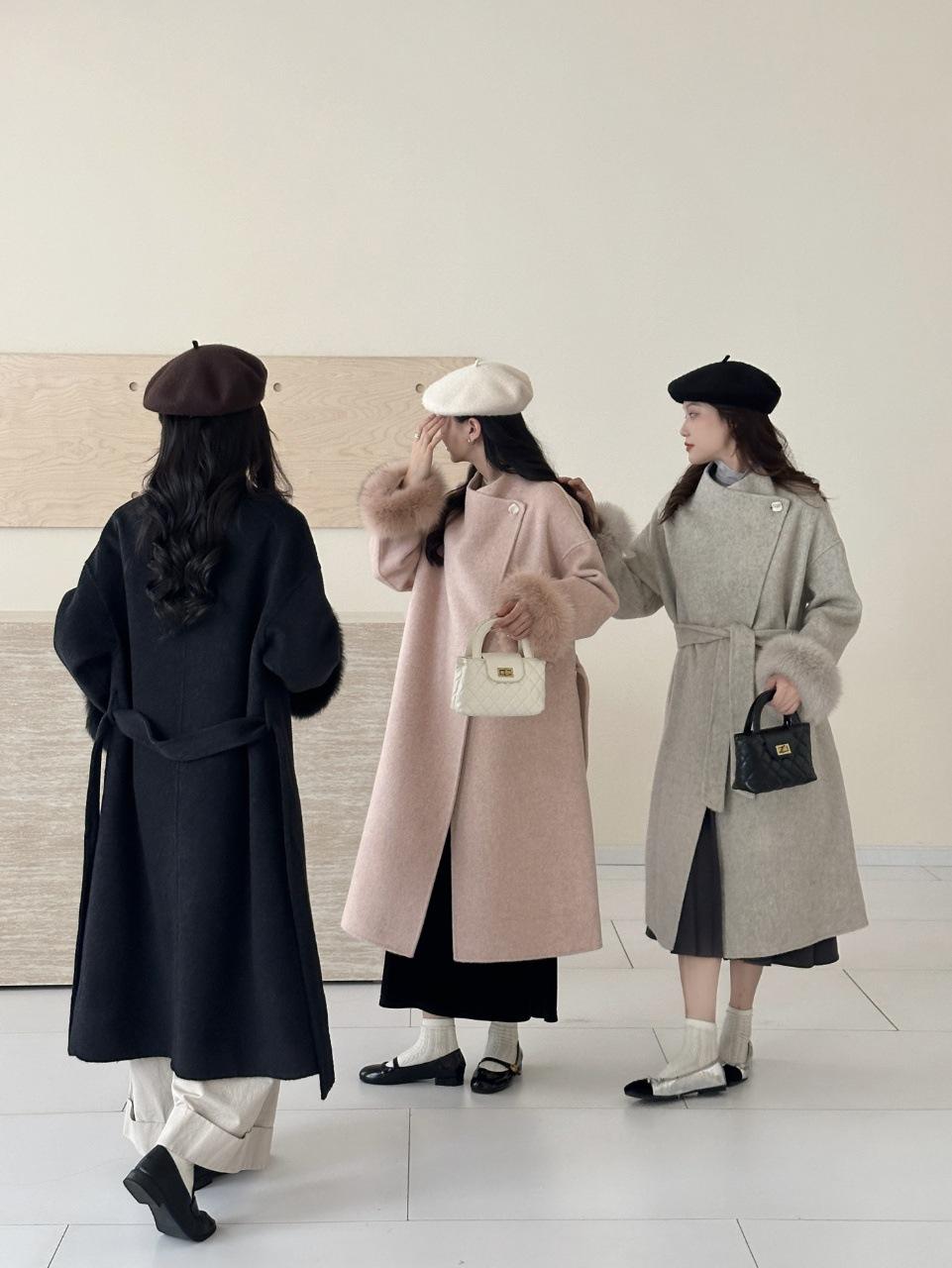 

Манжеты из лисьего меха, шерстяное двустороннее пальто на шнуровке, осенне-зимнее средней длины, утолщенное кашемировое двустороннее пальто M (120-72.5 kg)