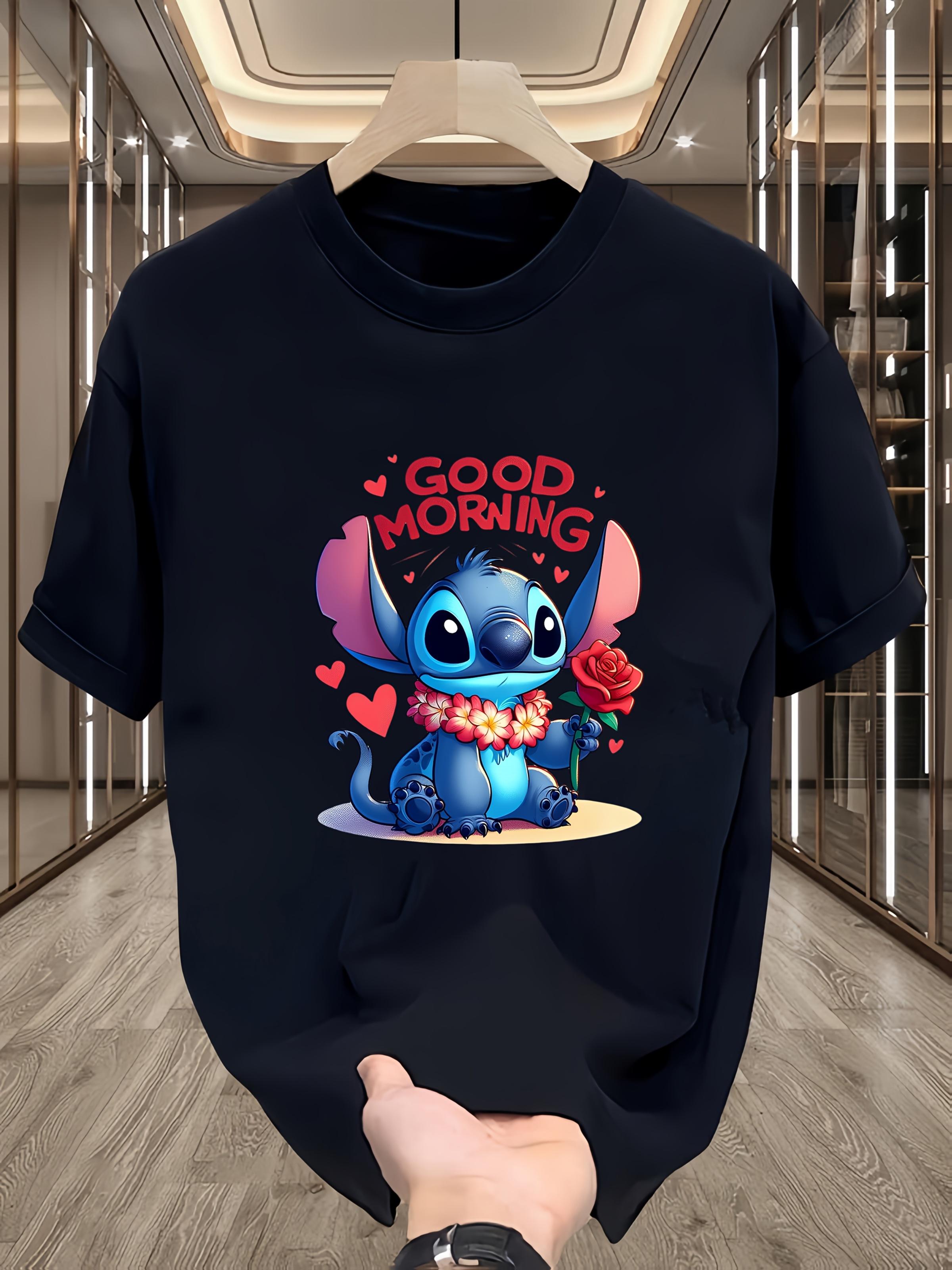 Stitch Graphic T-shirt - Casual Black Short Sleeve Tee with  Good Morning  Design S