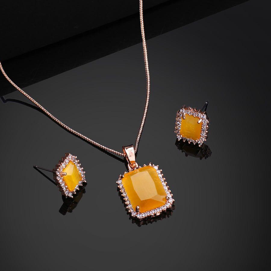 Estele Quadratischer Designer-Anhänger mit Zirkonia und gelben Steinen aus Roségold für Damen