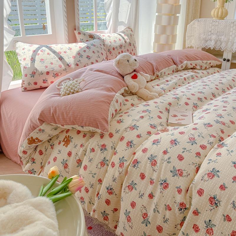 Class A maternal and infant grade, jacquard aerobic colored cotton, skin-friendly, comfortable, simple and literary 4pcs set on the bed