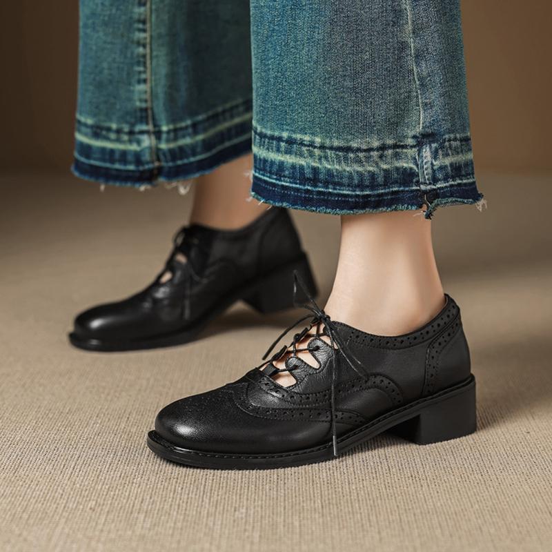 Fashion NEW Autumn/Spring Women Pumps Genuine Leather Shoes for Women Square Toe Chunky Heel Shoes Lace-up Hollow Brogues Daily Shoes