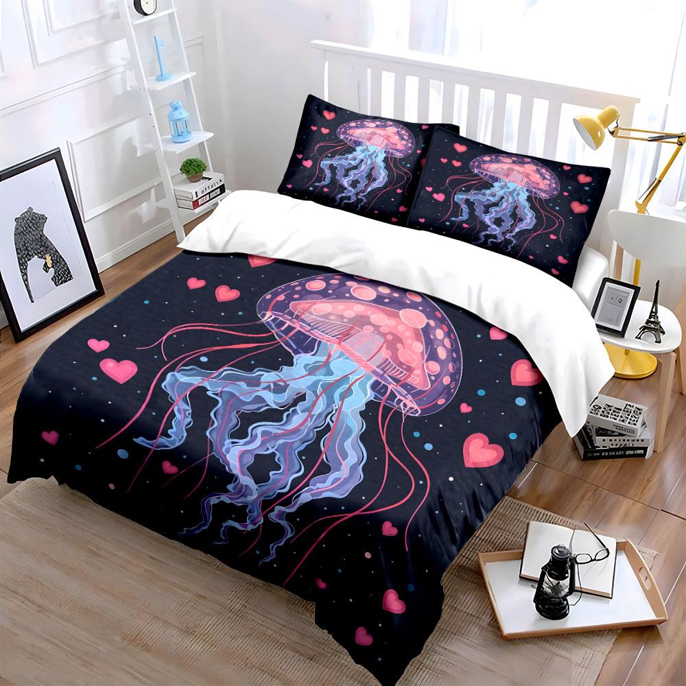 Jellyfish with Romantic Pink Hearts Print Bedding Set 1 Duvet Cover 2 Pillowcases for Adult and Children Luxury Gift Full Size