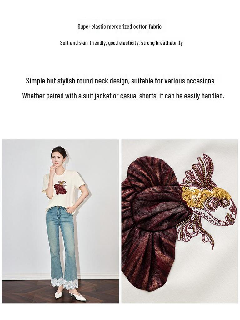 Three-Dimensional Goldfish Sequin Embroidery High Elastic Fashion Casual T-shirt