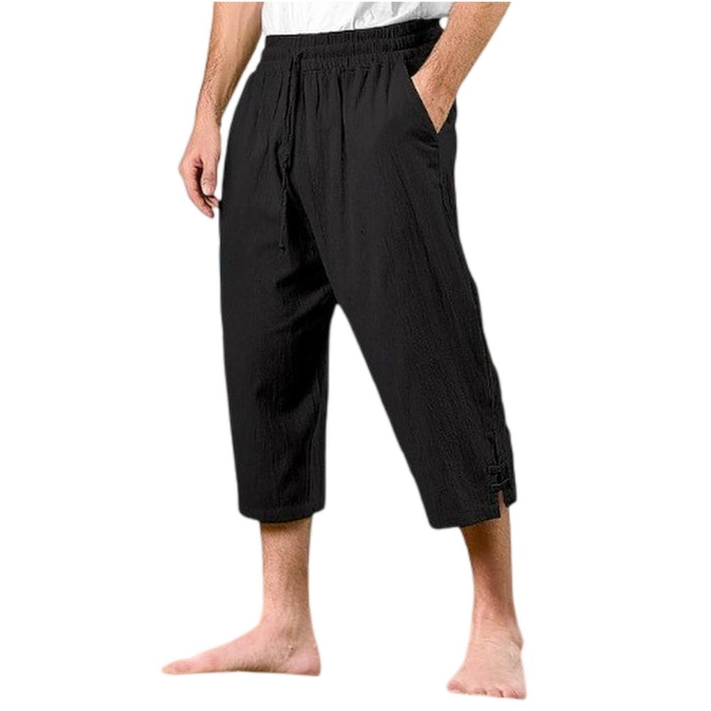 Herren Baumwoll-Leinen-Hose, Sommerhose, Strandhose, Kordelzug Elastischer Bund