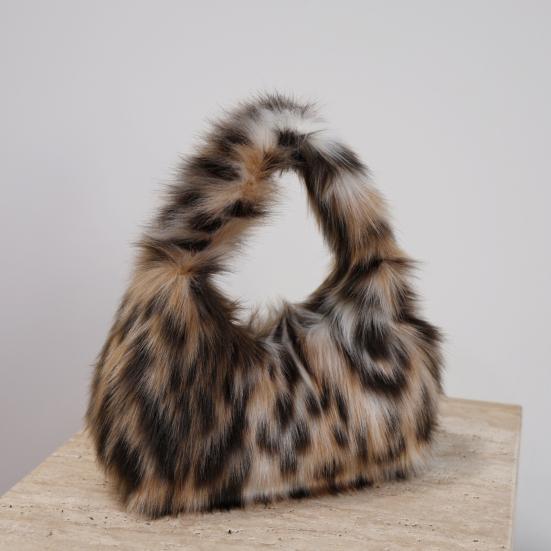 Leopard Print Fuzzy Handbag Women Faux Fur Shoulder Bag Fluffy Purse Furry Tote for Winter Daily Commute Date Shopping