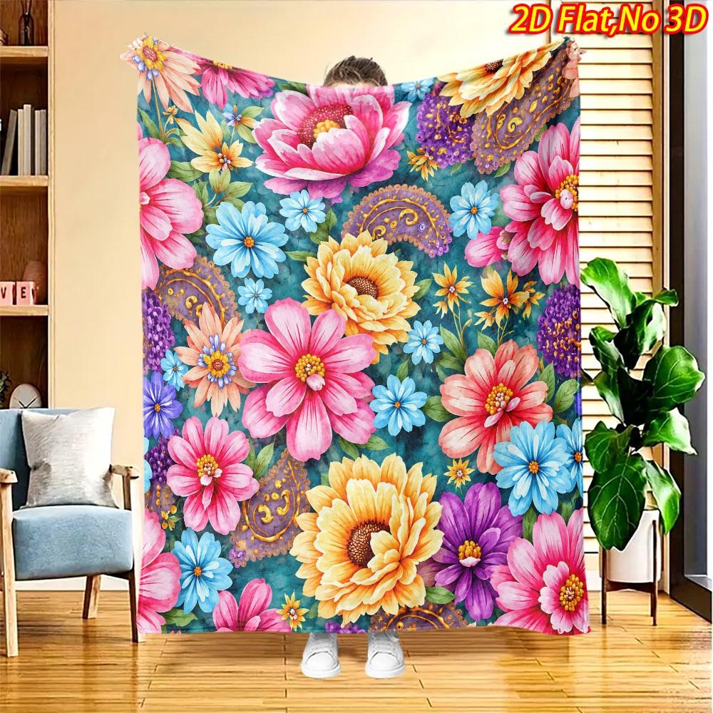 1pc 2D Flat Printing Spring & Summer New Arrival Colorful Floral Pattern Digital Print Blanket, Suitable for All Seasons, Casual Throw Blanket, 100% P