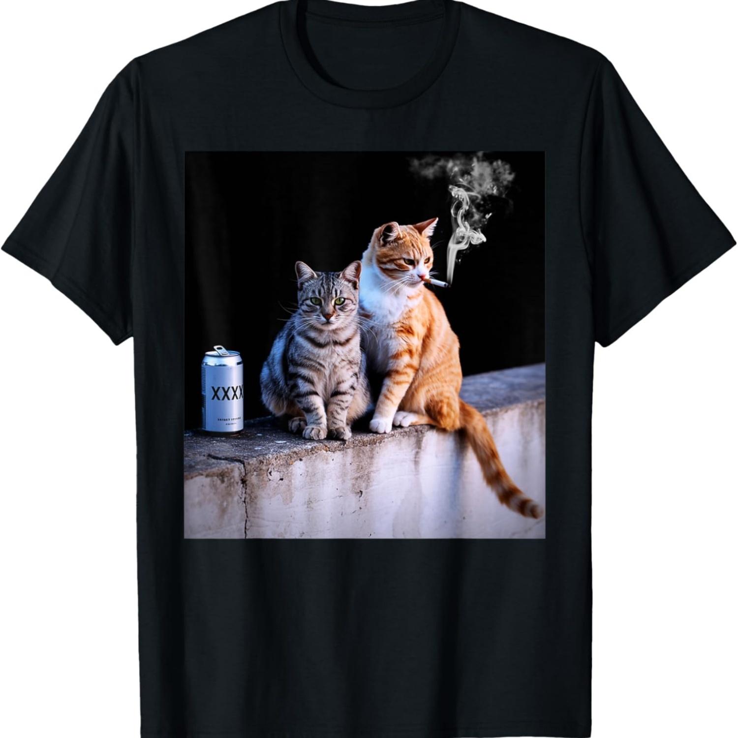 Кот-курильщик Забавный курящий кот Мем Глупый мозг Т-Ширт(14) S