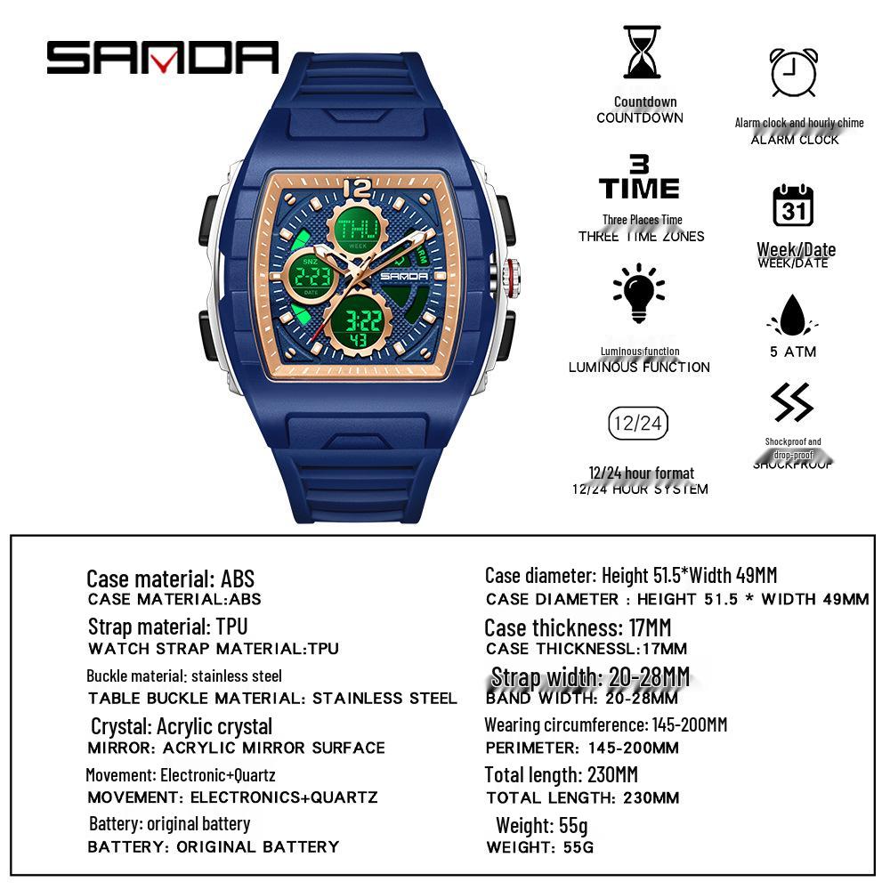 Sanda Men's Sports Barrel-Shaped Luminous Countdown Watch with Triple Time Zone and Dual Display, Waterproof Design.