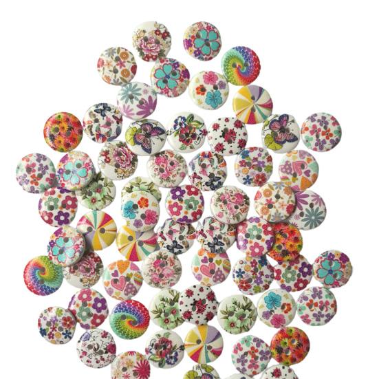 100Pcs Flower Print Wood Buttons 2 Holes Scrapbook Clothing Sewing DIY