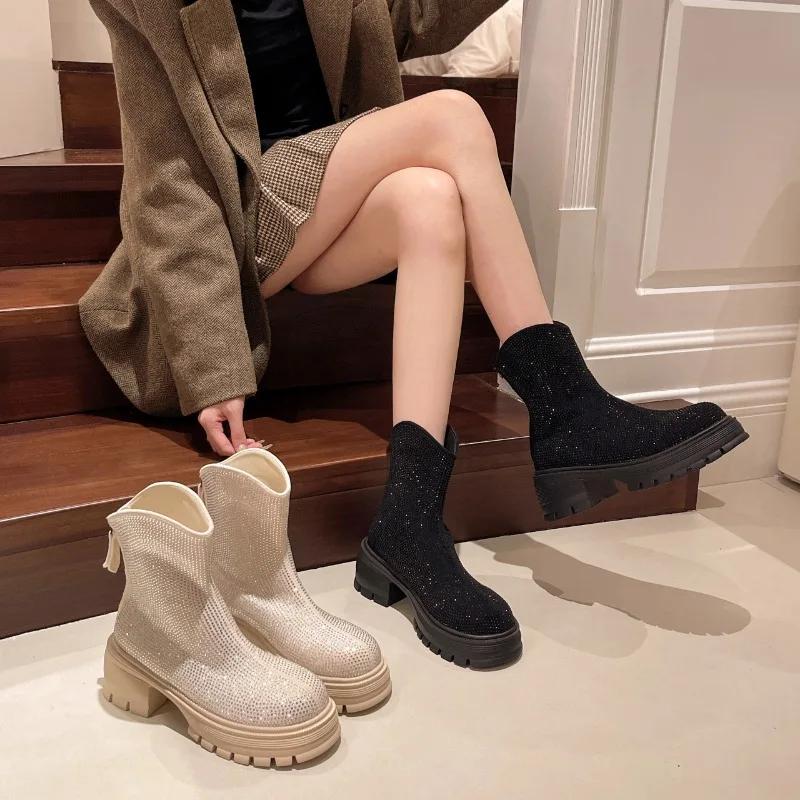 Fashion Flats Thick Women Ankle Boots Crystal Bright Diamond Women Fashion Designer Winter New 2025 Trend Luxury Party Punk Modern Boots