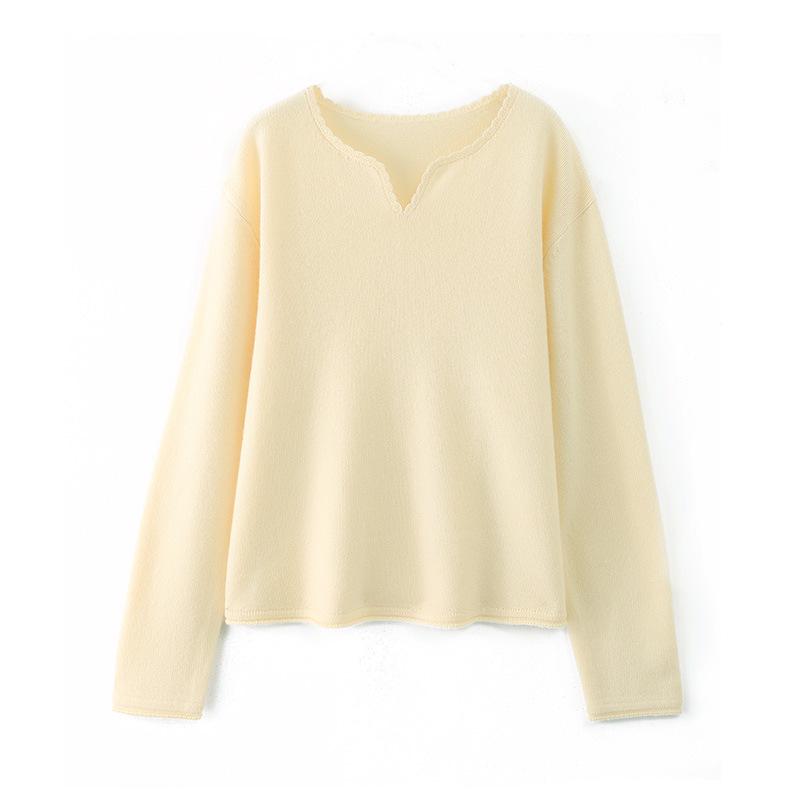 Women's 100% Wool V-Neck Lace Knit Pullover - Long Sleeve, Solid Color, Loose Fit Sweater for Autumn/Winter