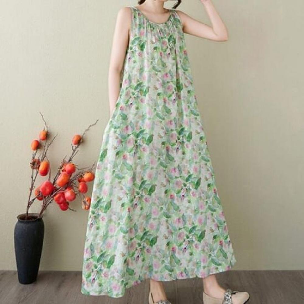 Navava Watercolor Flower Printing Sleeveless Dress No935