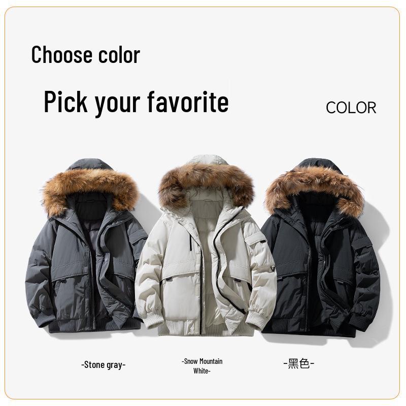 Men's Winter Mid-Length White Duck Down Parka with Large Fur Collar