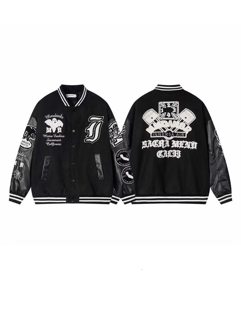 Męska Wysokiej Jakości Czarna Pikowana Kurtka Baseballowa z Naszywkami - Wszechstronna i Modna Odzież Wierzchnia