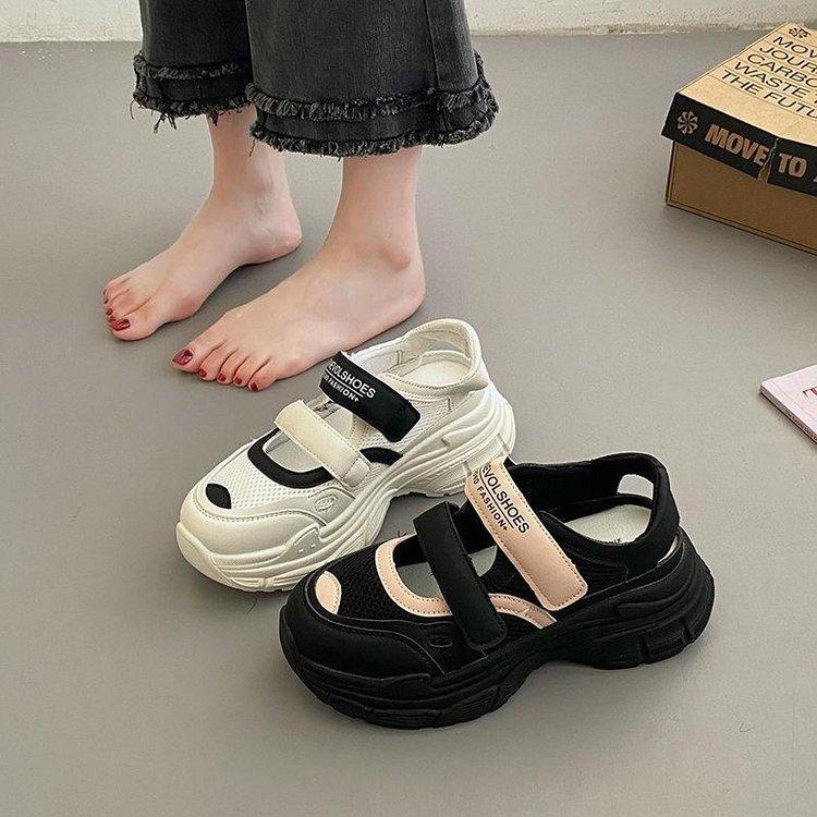 Summer Dad Shoes Girl 2025 New Mesh Breathable Hollow Velcro Bag Head Thick Sole Heightening Sports Sandals