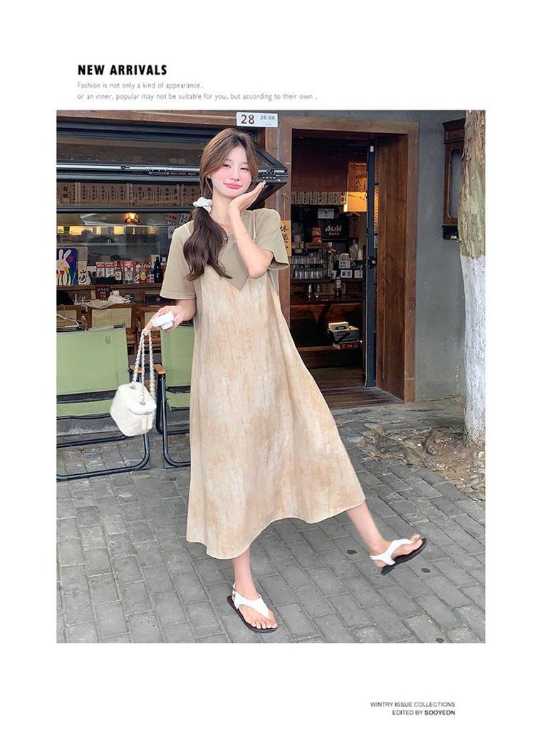 Summer 2025 Women's Gradient Suspender T-Shirt Dress - Age-Reducing, Fake Two-Piece, Medium-Length