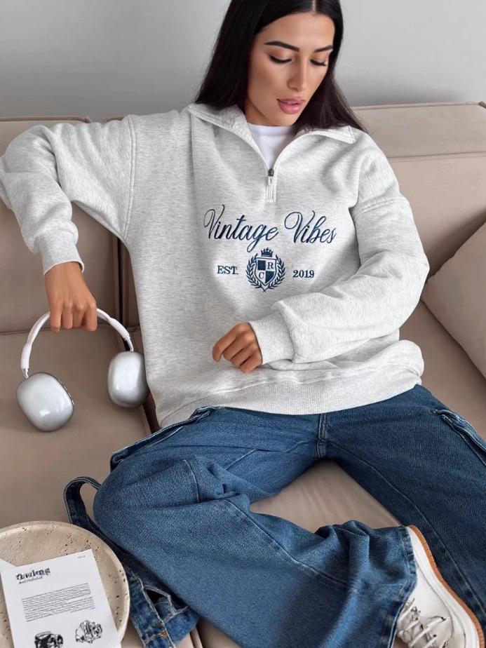 Women's Oversized Retro Letter Print Hoodie - Thick, Warm Outerwear for 2025 Autumn/Winter