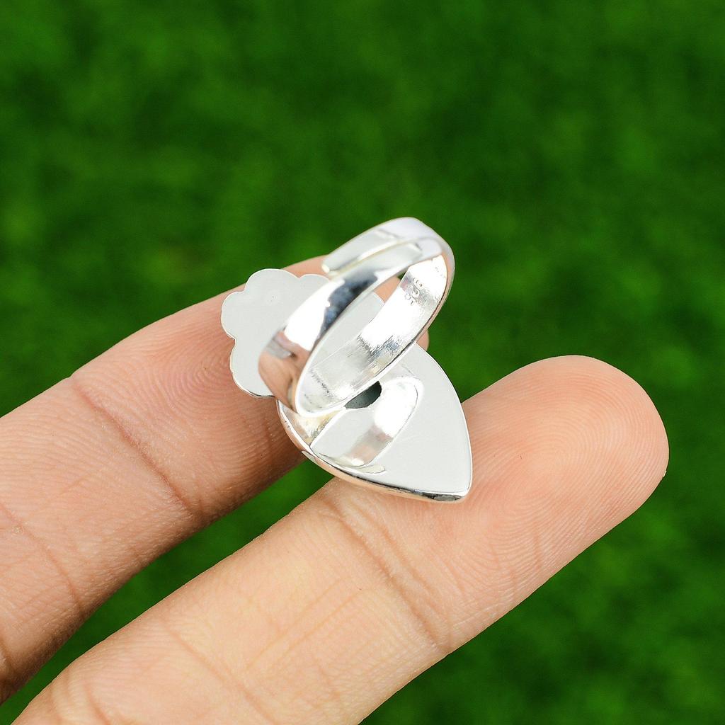 Gift For Her Natural Larimar Statement Flower Adjustable Ring 925 Silver