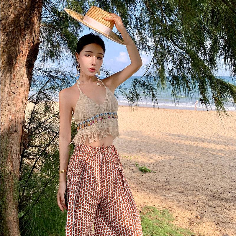 Bohemian Seaside Knit Tassel Bikini Bandeau with Chest Pads