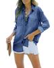 Damen Denim Button-Down Hemd Langarm Lässig Frühling Herbst Bluse Jacke mit Brusttaschen