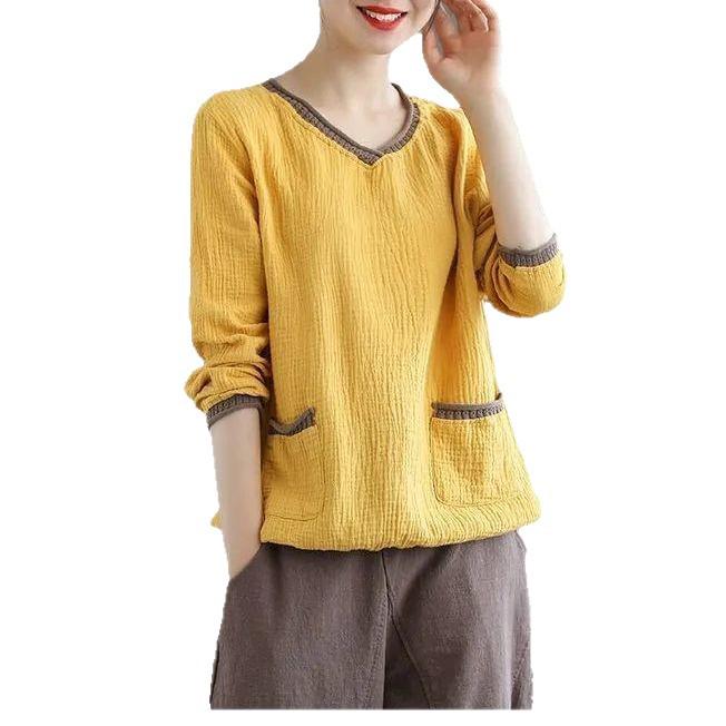 Plus Size Retro V-Neck Cotton Linen T-Shirt for Spring/Autumn - Long Sleeve, Loose Fit, Versatile Pullover for Women