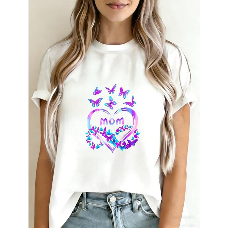 

White T Shirt With Purple And Blue Butterflies Heart Mom Print For Mother Day Gift XXXXL білий