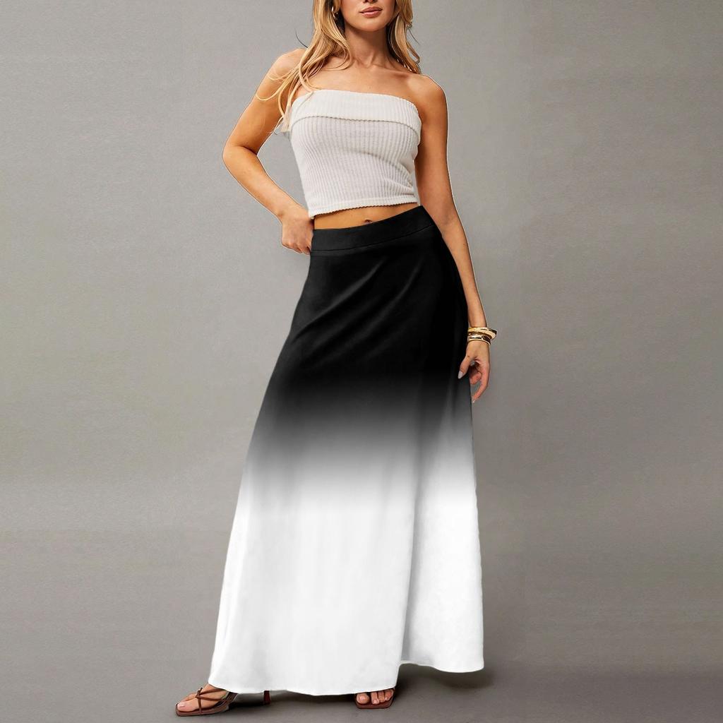 Damen Lässig Freizeit Faltbar Farbverlauf Druck Hohe Taille Mit Tasche Drapierter Entspannter Langer Maxi Rock
