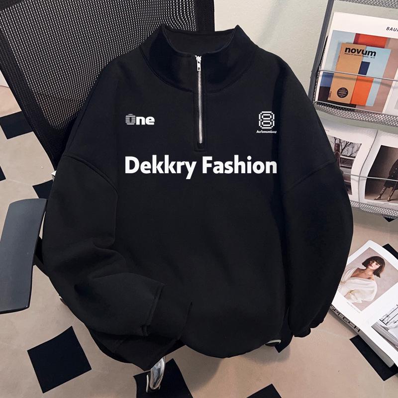 American Unisex Half-Zip Hoodie: Autumn Trendy Heavyweight with Letter Print in Black M