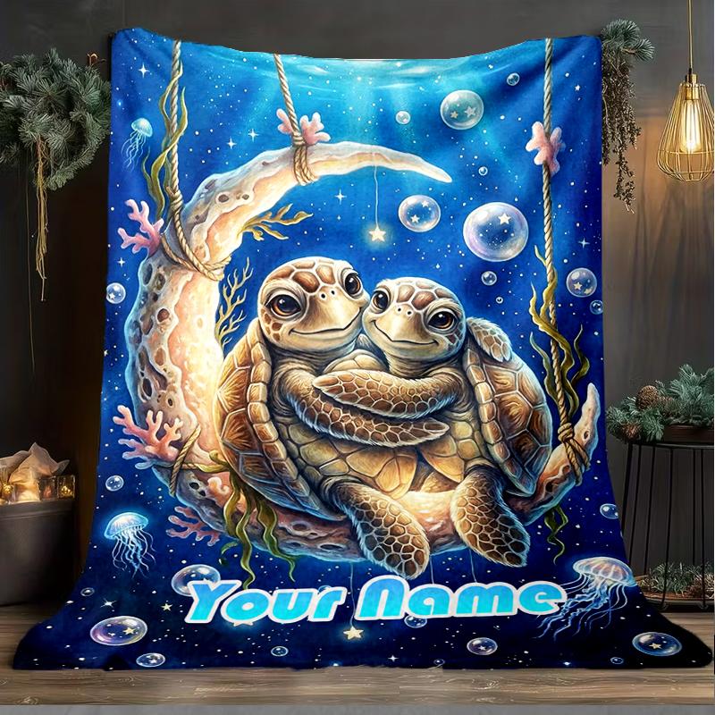 1PC Custom Name Underwater Moon flannel blanket versatile,all-season throw suitable for the living room,bedroom,camping,travel,and gift