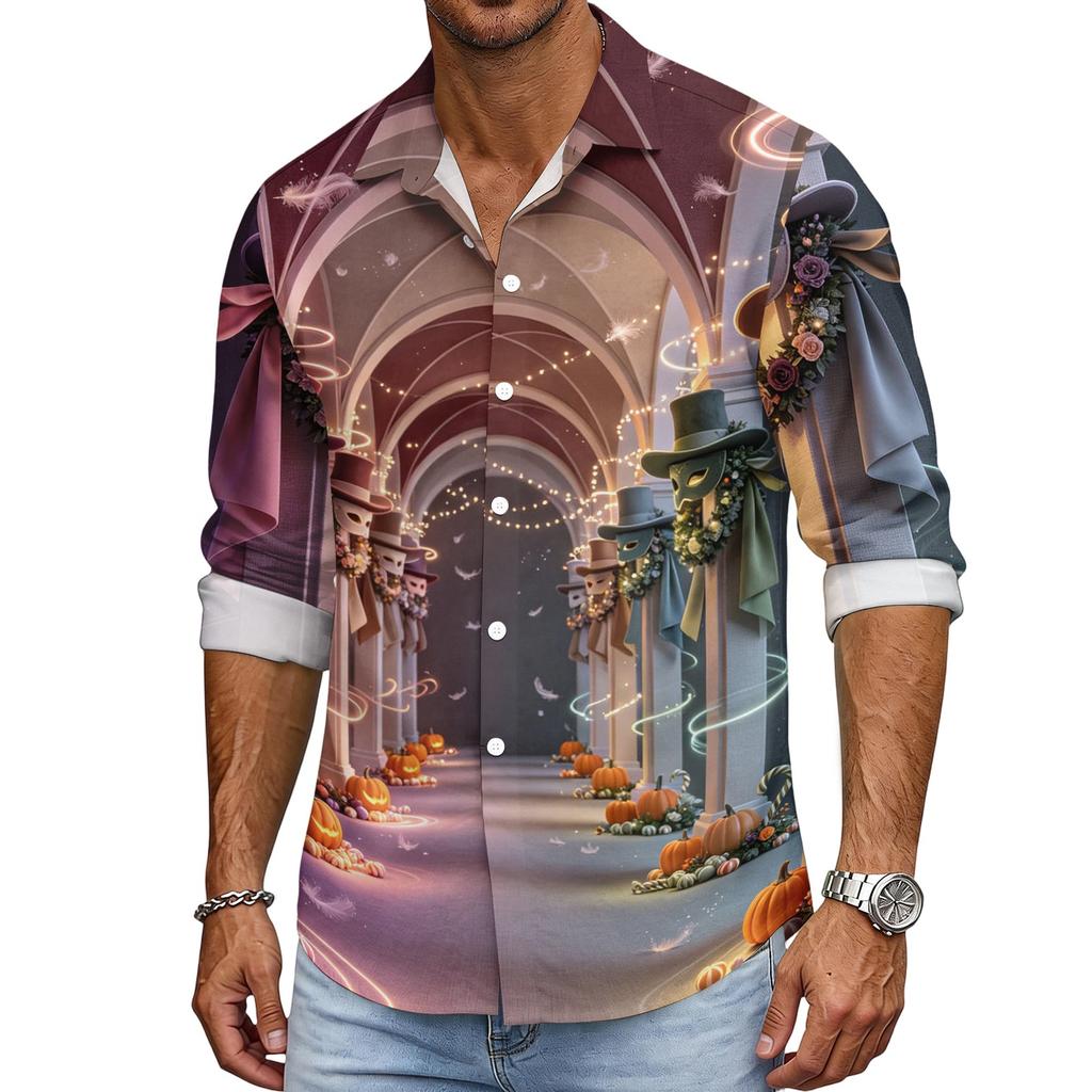 Men's Halloween Loose Fit Long Sleeve Shirt Button Down Collar Vintage Casual Shirt Breathable Fabric Suitable for Spring Autumn Outdoor Daily Wear